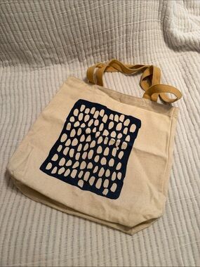 Fringe Cream Tote with Navy Print and Mustard Straps